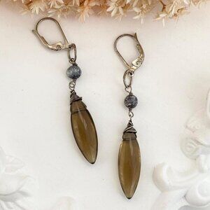Amber Toned Marquise Dangle Stone Sterling Silver 925 Hinged Vintage Earrings
